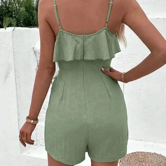 Green Boho Womens Ruffle Trim Wrap Knot Side Cami Romper - Picture 2 of 5